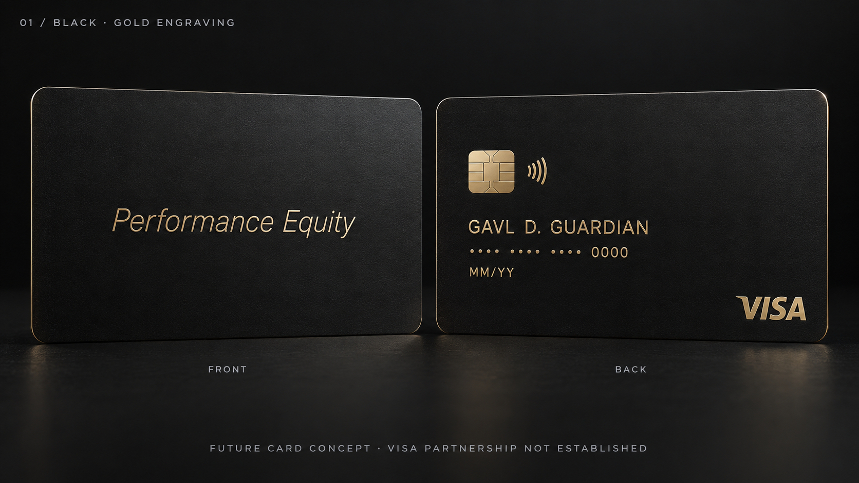 Black and gold Performance Equity Card concept, front and reverse