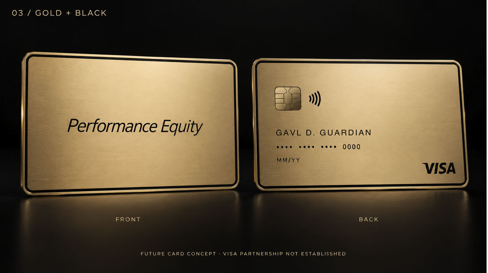 Gold and black Performance Equity Card concept, front and reverse